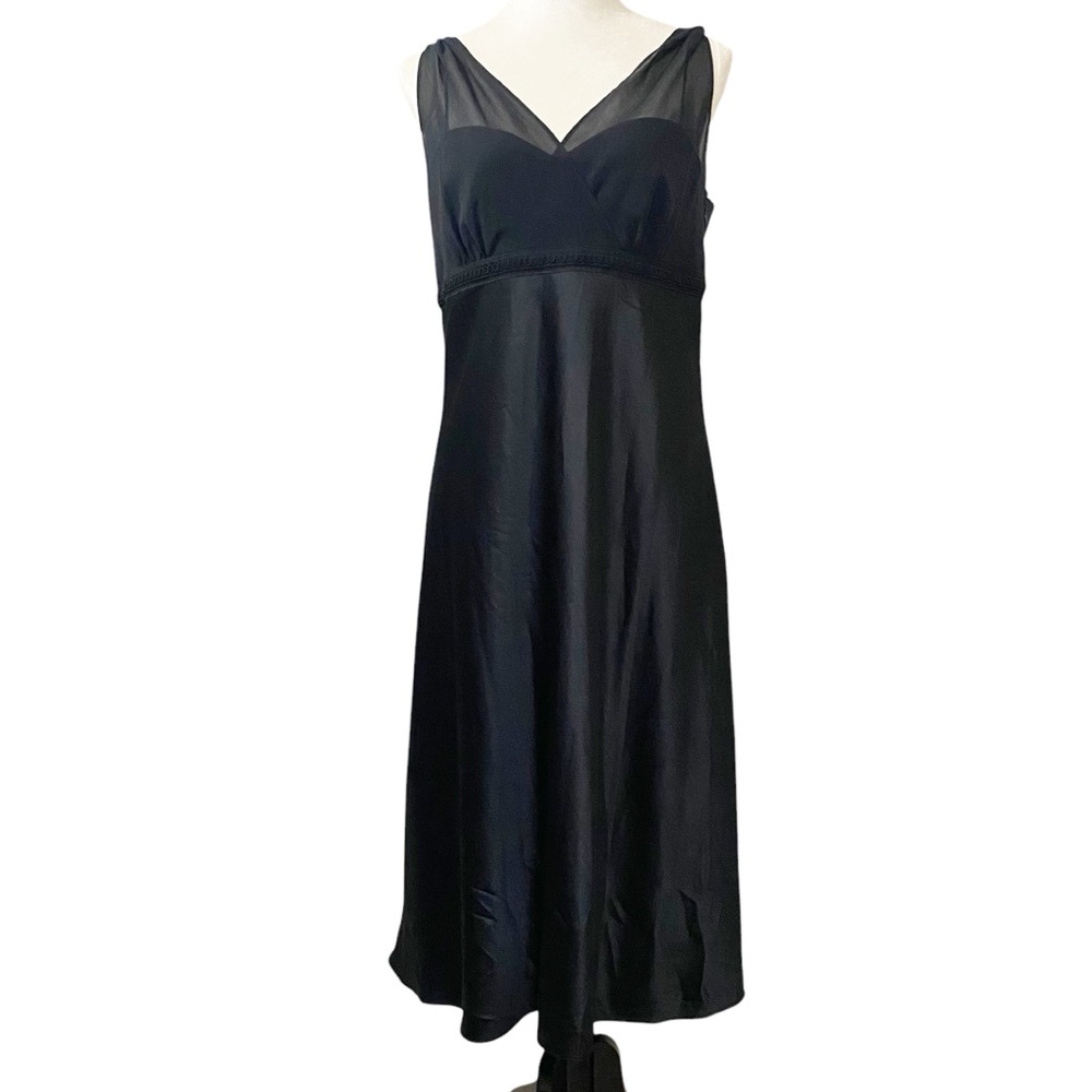 Ann Taylor Black Midi Dress with Sheer V-Neck Yoke